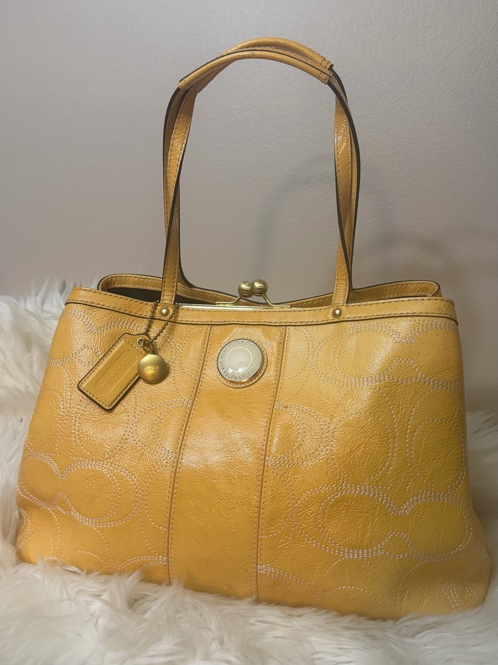 Coach Yellow Leather Shoulder Tote with Gold-Tone Charm